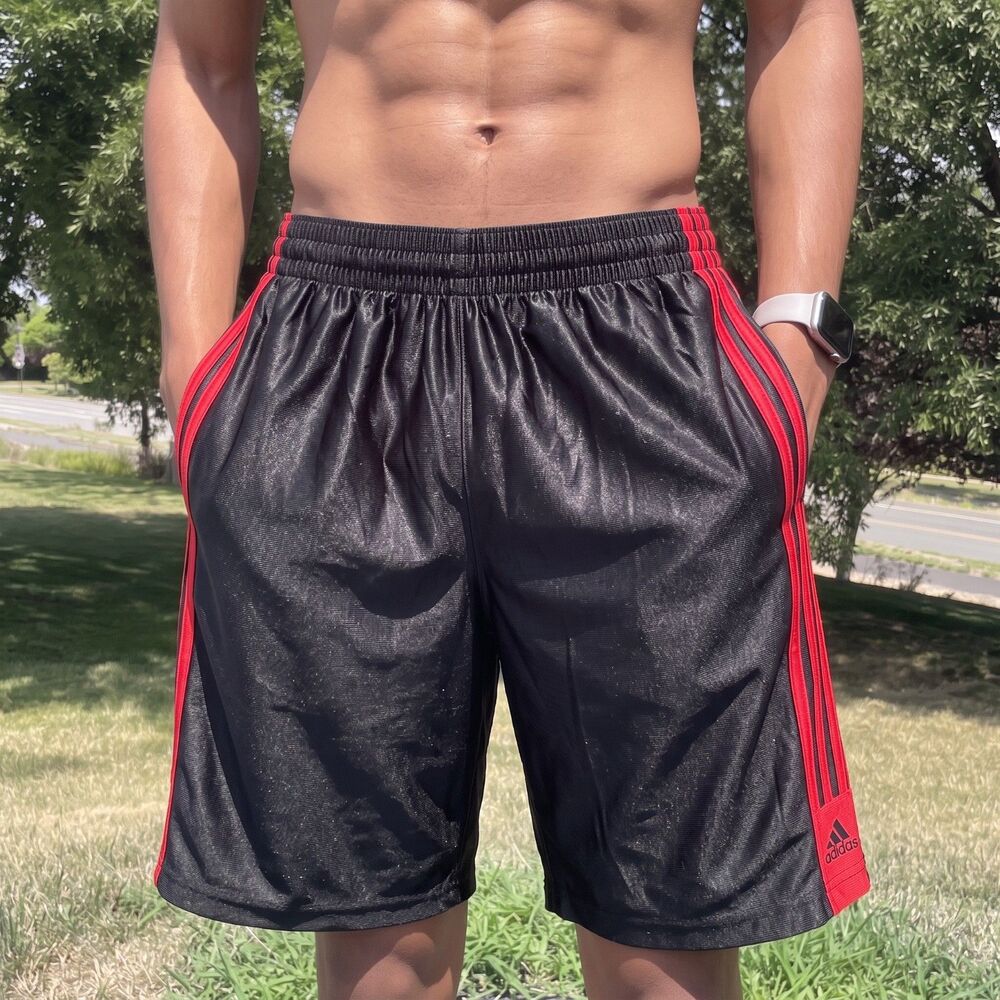 Adidas Vintage Super Rare Basic Stripe Basketball Shorts Black Red Dazzle XL